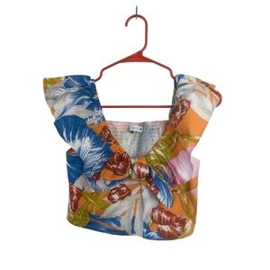 Zara Linen Crop Colorful Floral Women's Top M